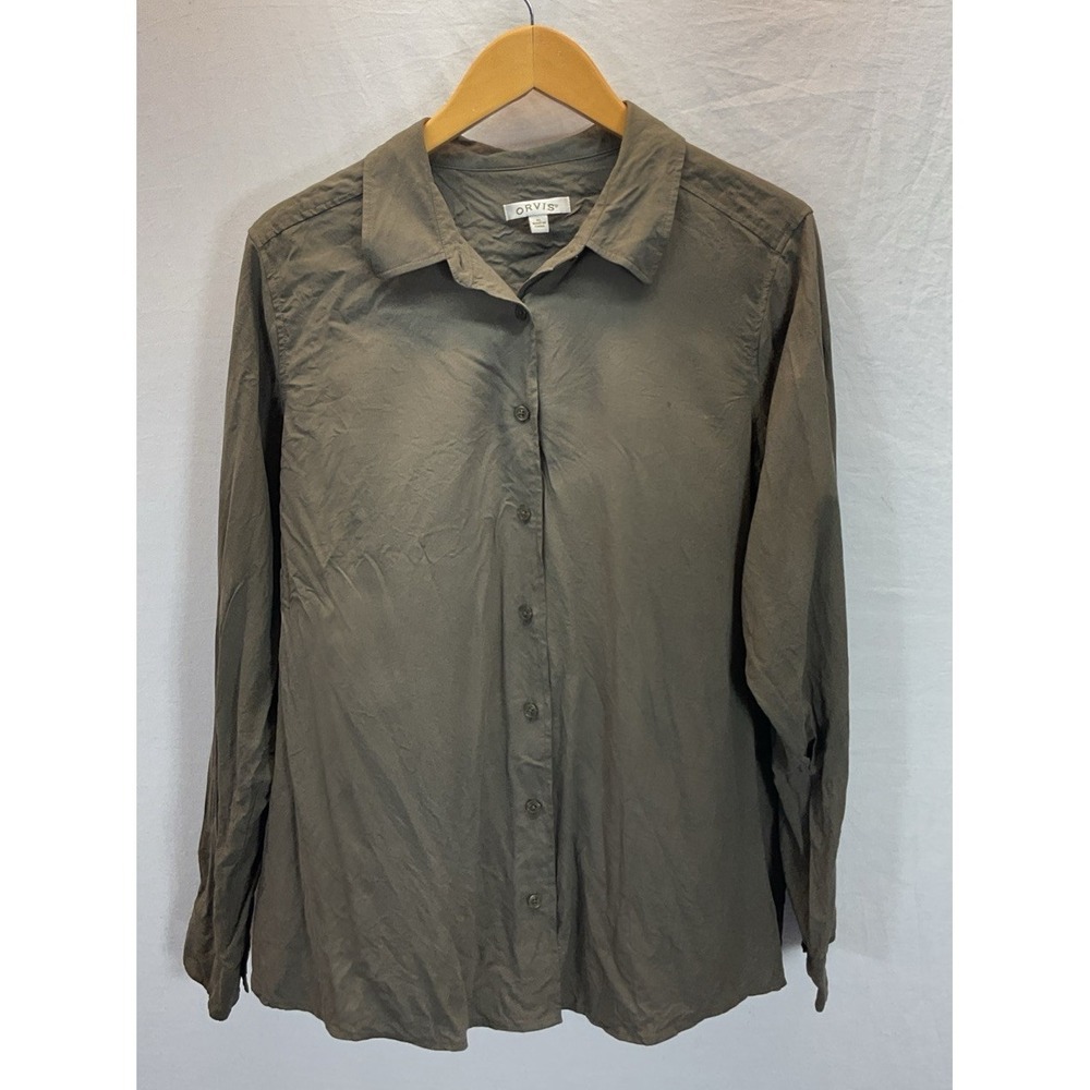 Orvis Shirt Womens XL Olive Green Button Up Long Sleeve Casual 100% Silk EUC